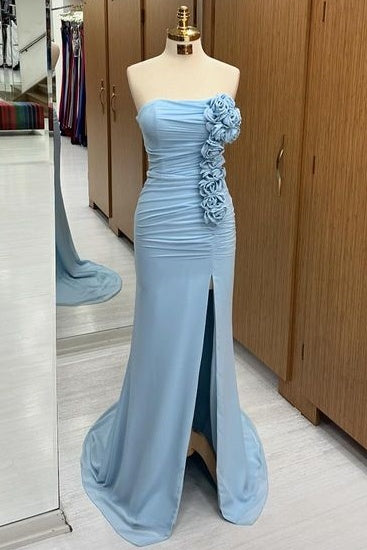 Exquisite Strapless Court Train Mermaid Satin Prom Dresses with Flowers