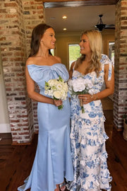 Blue Mermiad Satin Long Strapless Bridesmaid Dresses with Bow