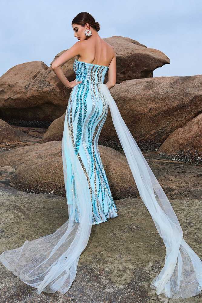 Blue Sequined Strapless Mermaid Tulle Prom Evening Dresses with Slit