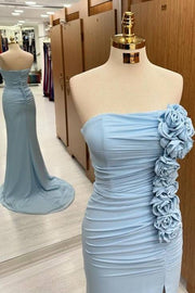 Exquisite Strapless Court Train Mermaid Satin Prom Dresses with Flowers