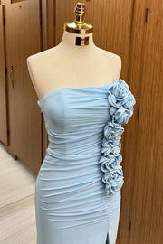 Exquisite Strapless Court Train Mermaid Satin Prom Dresses with Flowers