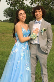 Light Blue Spaghetti Straps A-line Tulle Prom Dresses with Appliques