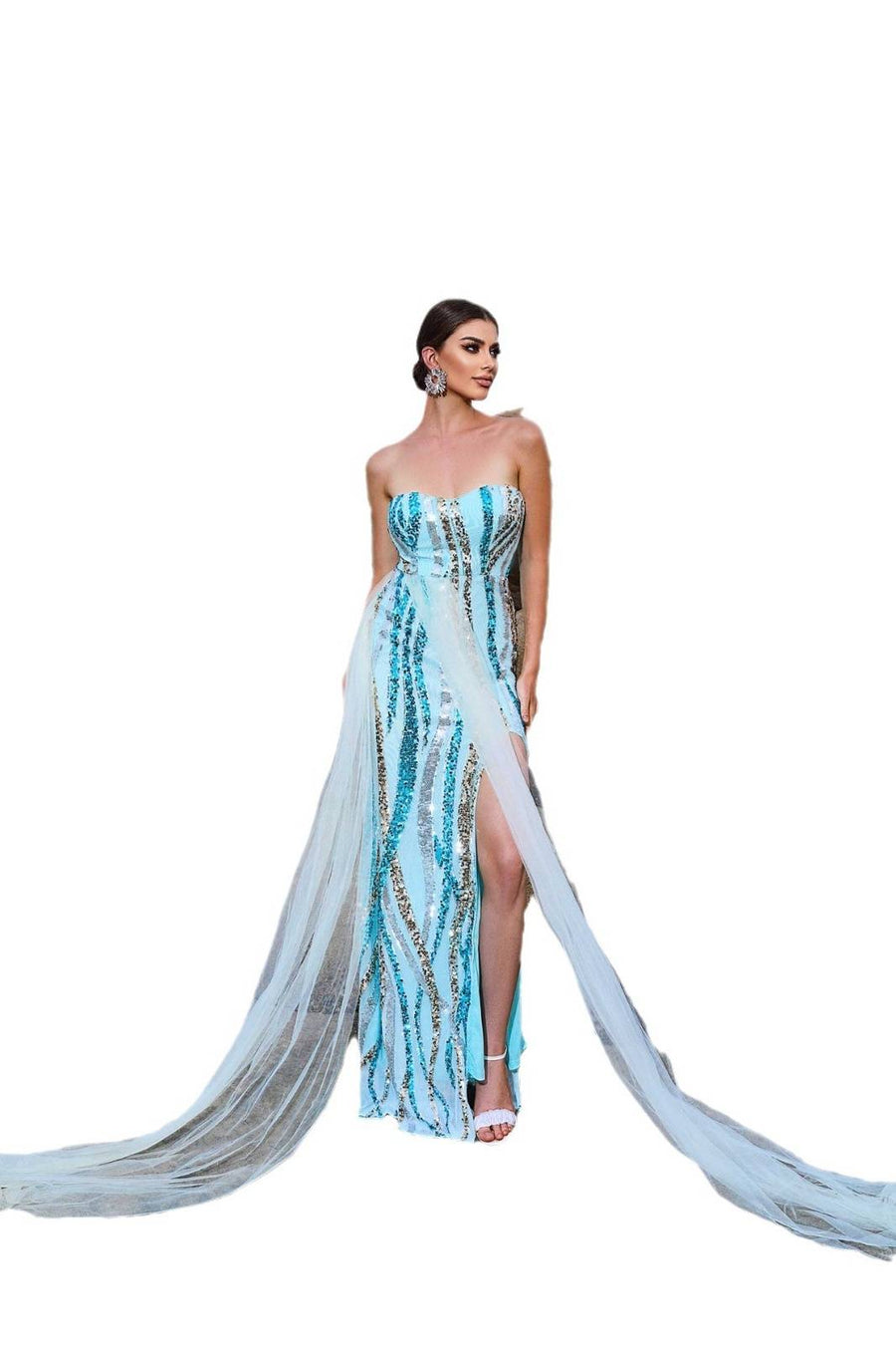 Blue Sequined Strapless Mermaid Tulle Prom Evening Dresses with Slit