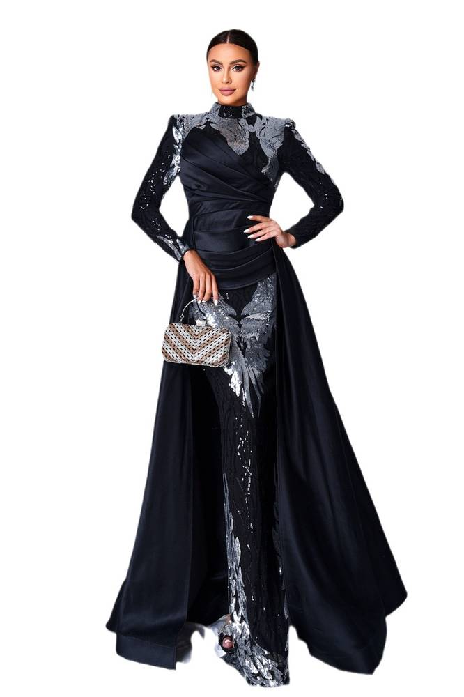 Black Mermaid High Neck Sequin Satin Evening Dresses