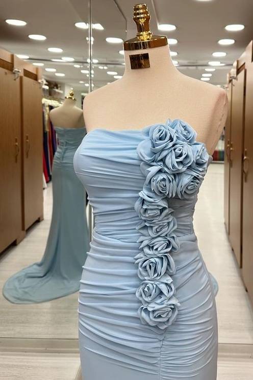 Exquisite Strapless Court Train Mermaid Satin Prom Dresses with Flowers