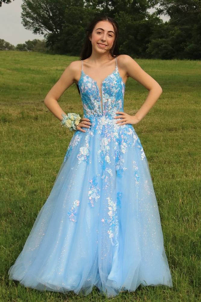 Light Blue Spaghetti Straps A-line Tulle Prom Dresses with Appliques