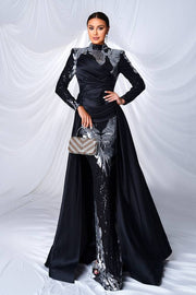 Black Mermaid High Neck Sequin Satin Evening Dresses