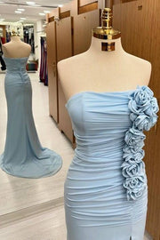 Exquisite Strapless Court Train Mermaid Satin Prom Dresses with Flowers