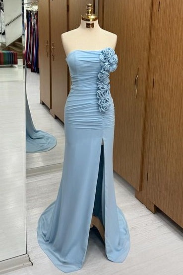 Exquisite Strapless Court Train Mermaid Satin Prom Dresses with Flowers