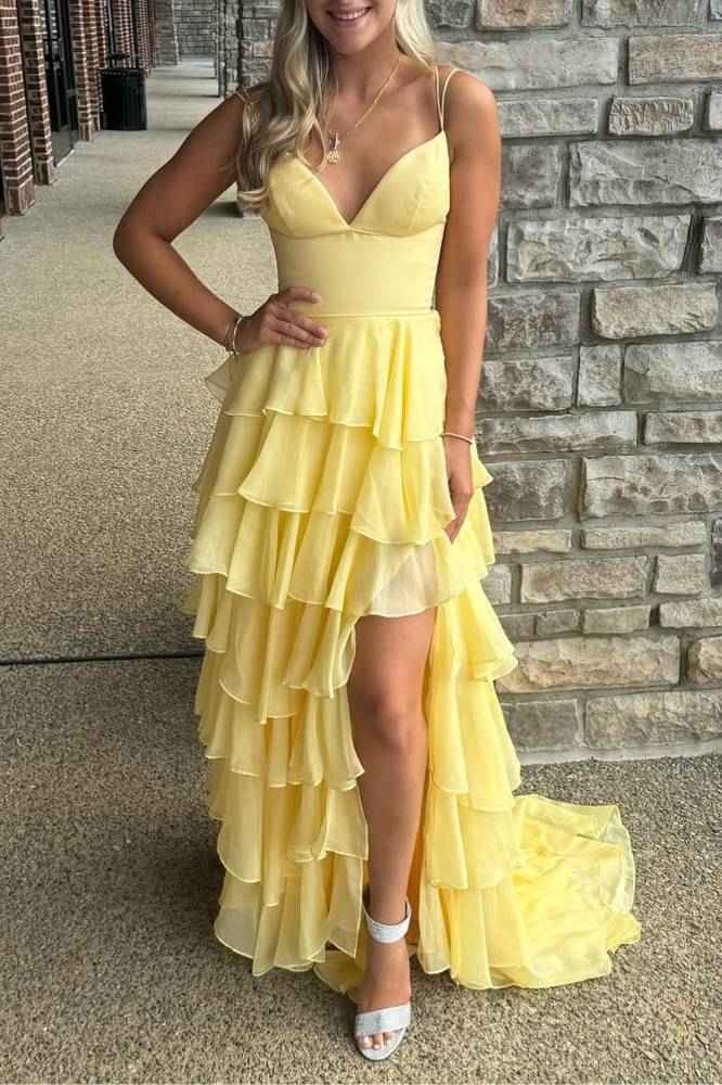 Light Yellow V-Neck Sleeveless A-Line Prom Dresses with Slit