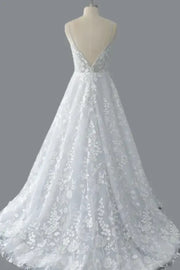 White V Neck A-Line Lace Long Wedding Dress with Applique Back Side