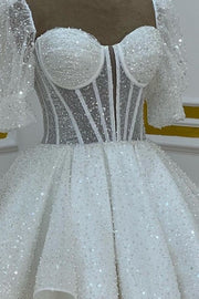 White A-Line Sequined Short Sleeves Sweetheart Short Homecoming Dresses