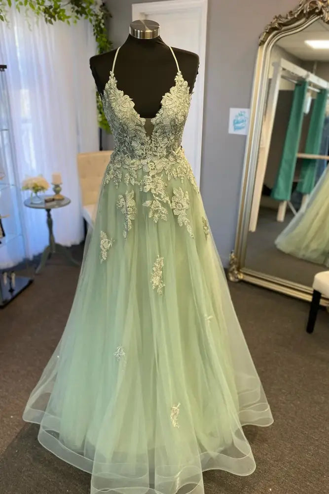 Sage V-Neck Sleeveless A-Line Tulle Long Party Dresses with Appliques