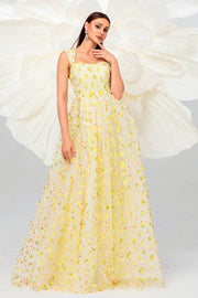 Daffodil A-Line Floor-Length Sleeveless Floral Evening Dresses with Split