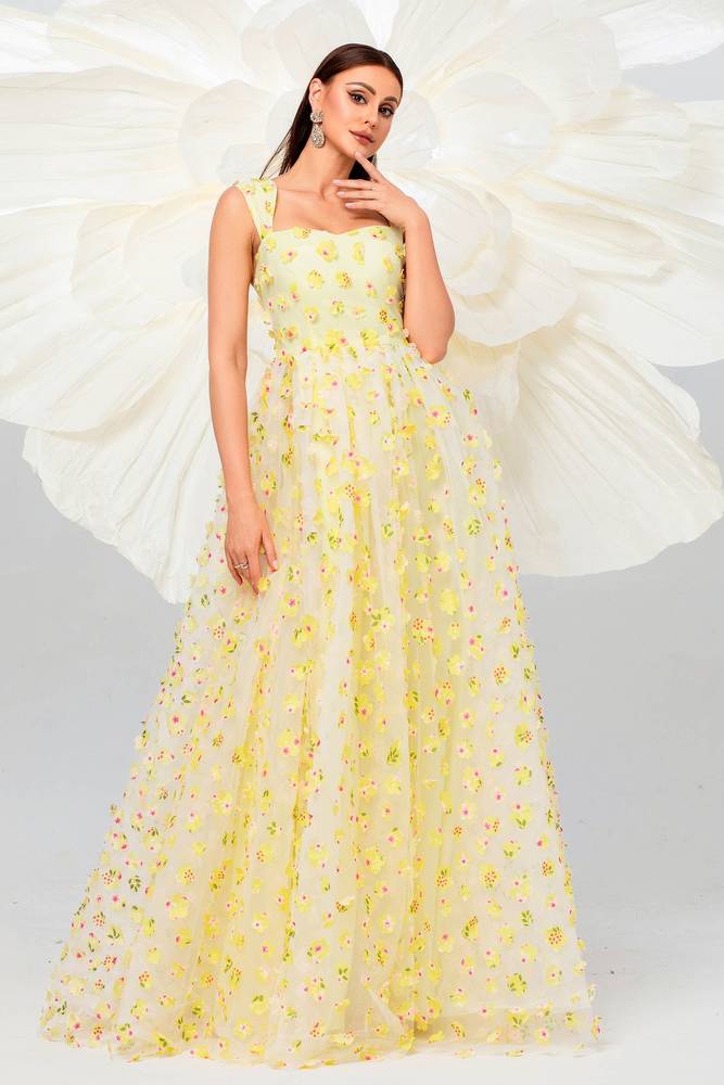 Daffodil A-Line Floor-Length Sleeveless Floral Evening Dresses with Split