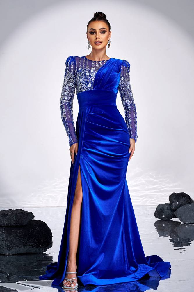 Jewel Neck Mermaid Velvet Sequin Long Sleeves Evening Dresses with Slit