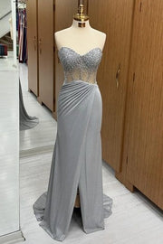 Elegant Sweetheart Sequined Strapless Mermaid Prom Dresses with Slit