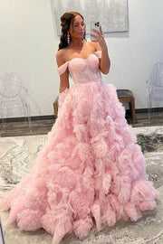 Blushing Pink Sweetheart Ball Gown Tulle Prom Dresses with Slit