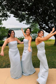 Light Blue Strapless Mermaid Long Satin Bridesmaid Dresses