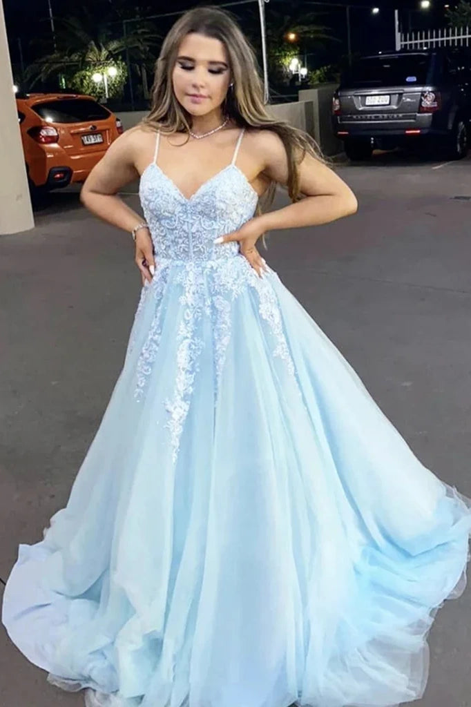 Light Blue A-Line Tulle Party Evening Dresses with Appliques