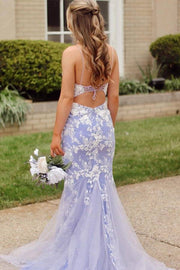 Lavender Elegant Mermaid Lace Tulle Sleeveless Prom Dresses with Slit