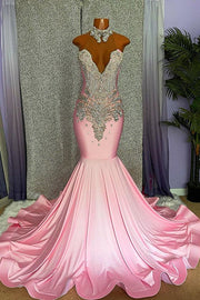 Pink Halter Sleeveless Mermaid Satin Prom Dresses with Rhinestones