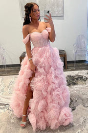 Blushing Pink Sweetheart Ball Gown Tulle Prom Dresses with Slit