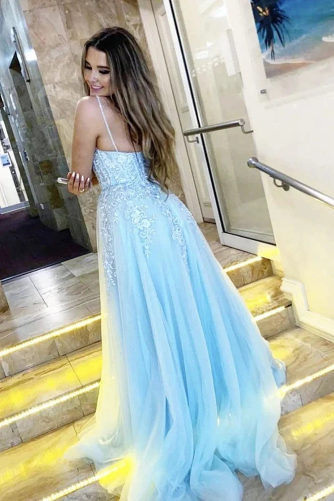 Light Blue A-Line Tulle Party Evening Dresses with Appliques