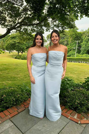 Light Blue Strapless Mermaid Long Satin Bridesmaid Dresses