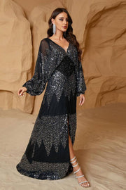 Sequined V-Neck Split Front A-Line Prom Dresses with Long Sleeves