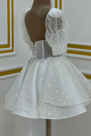 White A-Line Sequined Short Sleeves Sweetheart Short Homecoming Dresses