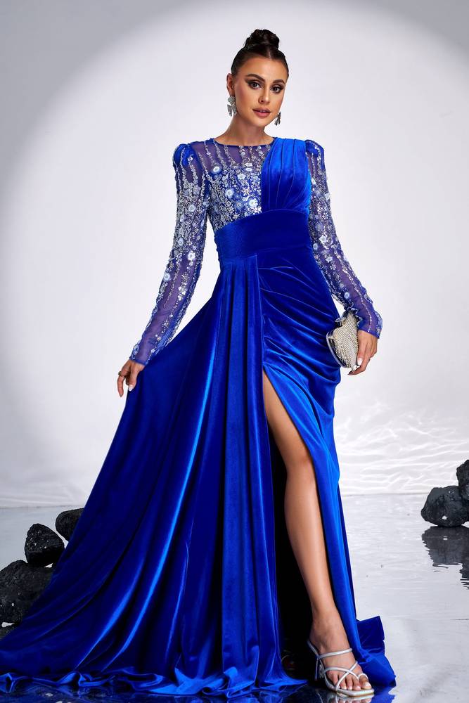 Jewel Neck Mermaid Velvet Sequin Long Sleeves Evening Dresses with Slit