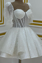 White A-Line Sequined Short Sleeves Sweetheart Short Homecoming Dresses