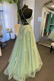 Sage V-Neck Sleeveless A-Line Tulle Long Party Dresses with Appliques