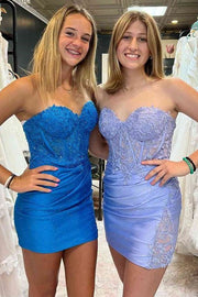 Royal Blue Strapless Mermaid Short Satin Lace Homecoming Dresses with Appliques