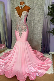 Pink Halter Sleeveless Mermaid Satin Prom Dresses with Rhinestones