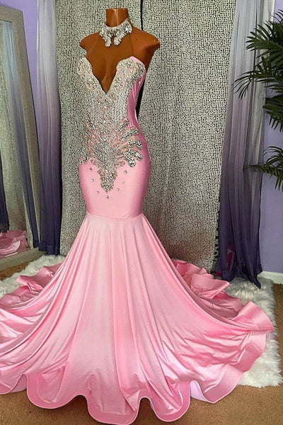 Pink Halter Sleeveless Mermaid Satin Prom Dresses with Rhinestones