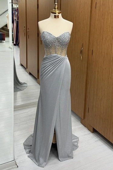 Elegant Sweetheart Sequined Strapless Mermaid Prom Dresses with Slit