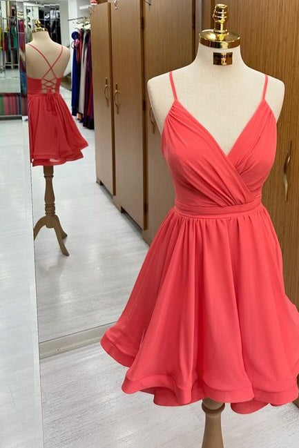 Chic Spaghetti Straps Sleeveless V-Neck Short A-Line Satin Homecoming Dresses