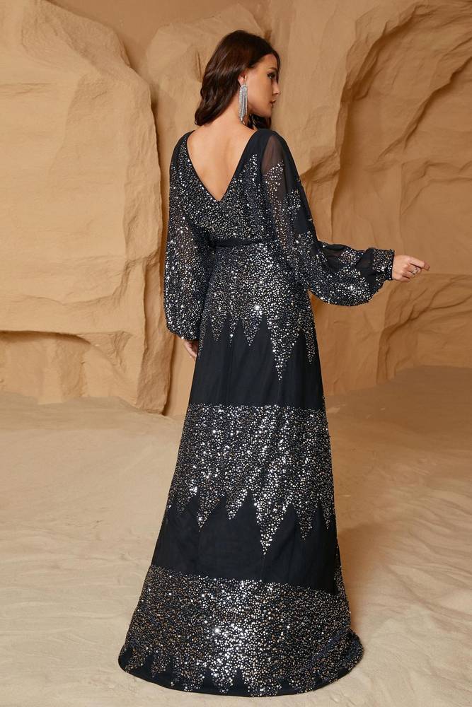 Sequined V-Neck Split Front A-Line Prom Dresses with Long Sleeves