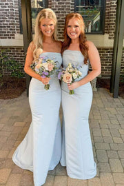 Light Blue Strapless Mermaid Long Satin Bridesmaid Dresses