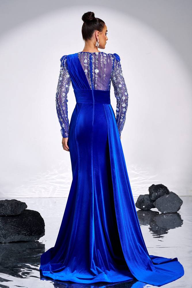 Jewel Neck Mermaid Velvet Sequin Long Sleeves Evening Dresses with Slit