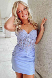 Lavender Strapless Mermaid Short Satin Lace Homecoming Dresses with Appliques