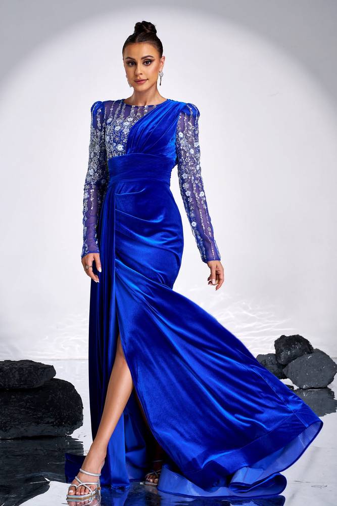 Jewel Neck Mermaid Velvet Sequin Long Sleeves Evening Dresses with Slit