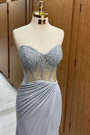 Elegant Sweetheart Sequined Strapless Mermaid Prom Dresses with Slit