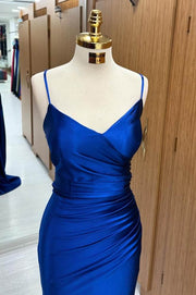 Royal Blue Spaghetti Straps Mermaid Long Evening Dresses V-Neck Satin