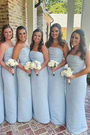 Light Blue Strapless Mermaid Long Satin Bridesmaid Dresses