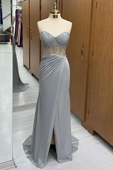 Elegant Sweetheart Sequined Strapless Mermaid Prom Dresses with Slit