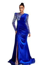 Jewel Neck Mermaid Velvet Sequin Long Sleeves Evening Dresses with Slit