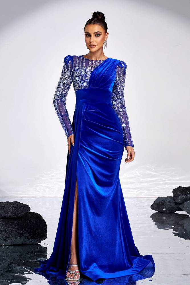 Jewel Neck Mermaid Velvet Sequin Long Sleeves Evening Dresses with Slit